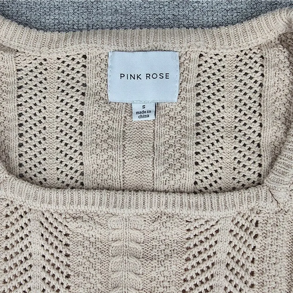 PINK ROSE WOMEN'S CROPPED KNIT SWEATER SIZE SMALL BEIGE TEXTURED CABLE OPENWORK